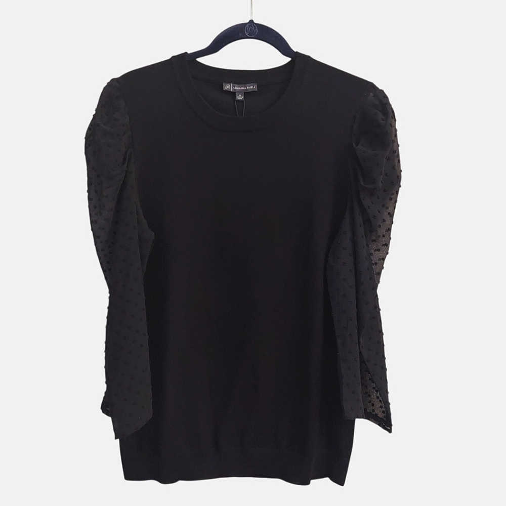 ADRIANNA PAPELL Black Crewneck Swiss Dot Sheer Long Sleeve Pullover Sweater M